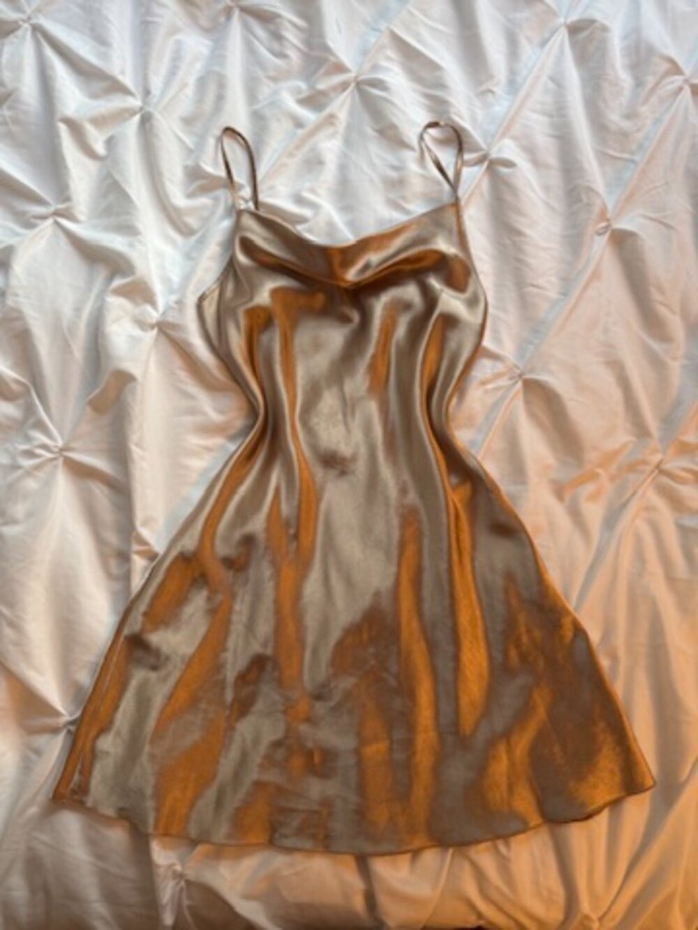 Satin Slip Cowl Neck Mini Dress in Champagne Women's Flowy Spaghetti Strap Gold